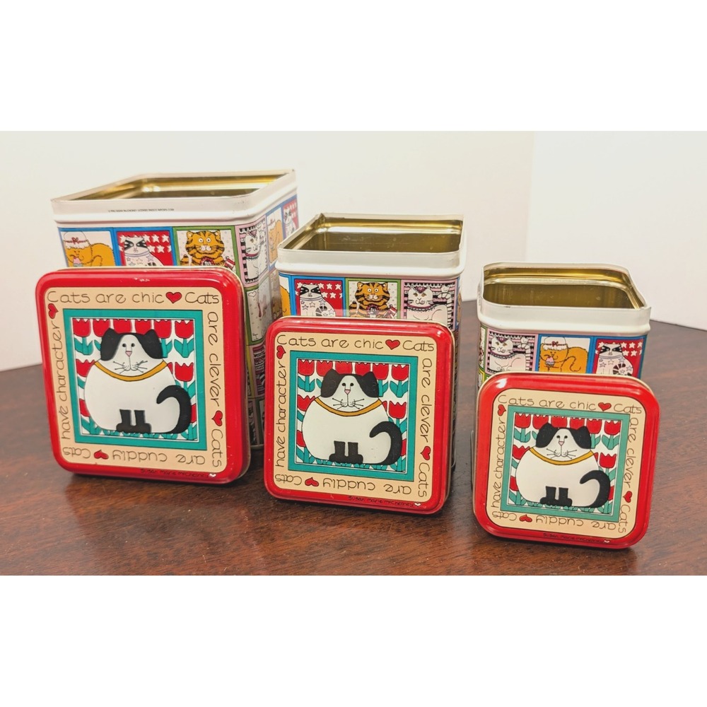 Vintage 1983 Enesco Susan Marie McChesney Cats Are Chic Nesting Tins Set of 3